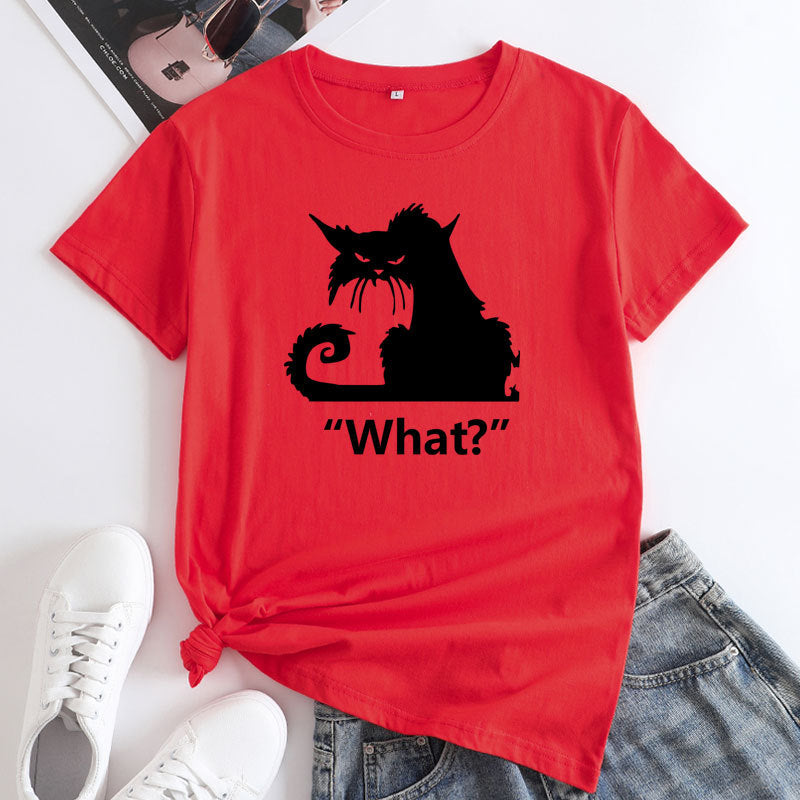 Casual What Cat Print Cotton Round Neck T-shirt