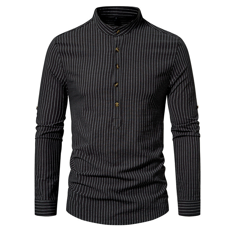 Stylish Henry Collar Men's Long Sleeve Striped Shirt