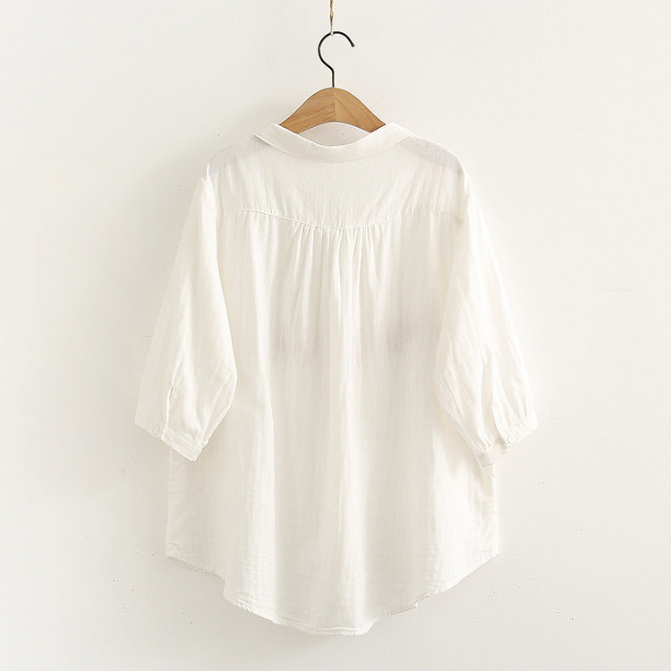 Japanese Style Flower Embroidery Lapel Short Sleeved Shirt