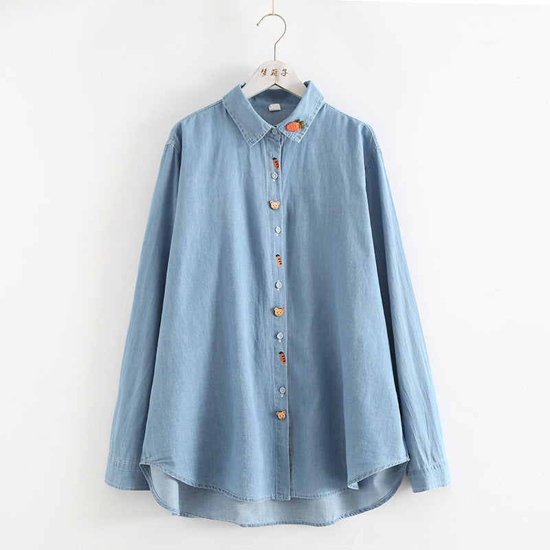 Japanese Style Carrot Embroidery Lapel Denim Shirt