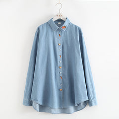 Japanese Style Carrot Embroidery Lapel Denim Shirt