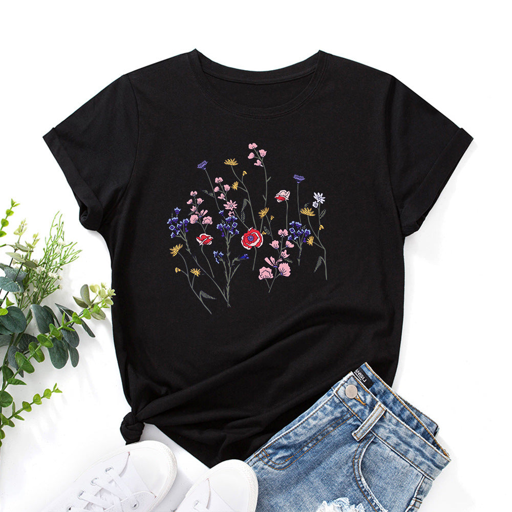 Creative Women's Floral Print Round Neck T-shirt