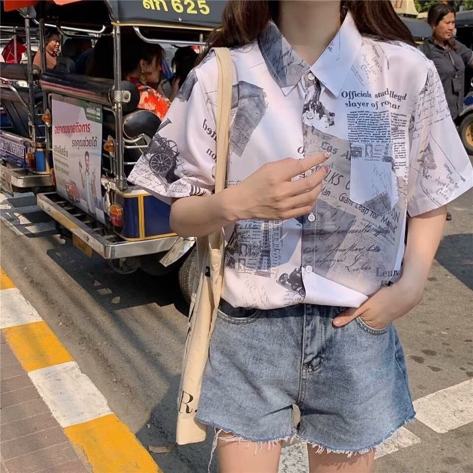 Retro Style Girls Newspaper Printed Short-sleeved Shirt