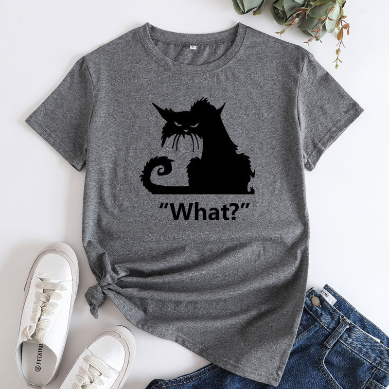 Casual What Cat Print Cotton Round Neck T-shirt