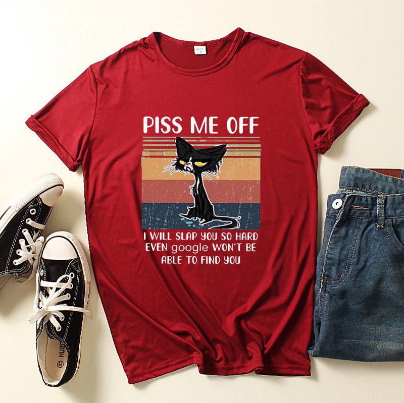 Casual Piss Me Off Black Cat Print Round Neck T-shirt