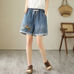 Retro Style Loose Floral Embroidered Denim Shorts