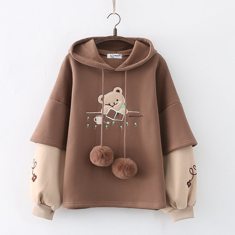 Trendy Fake Two Pieces Bear Embroidered Plush Hoodie