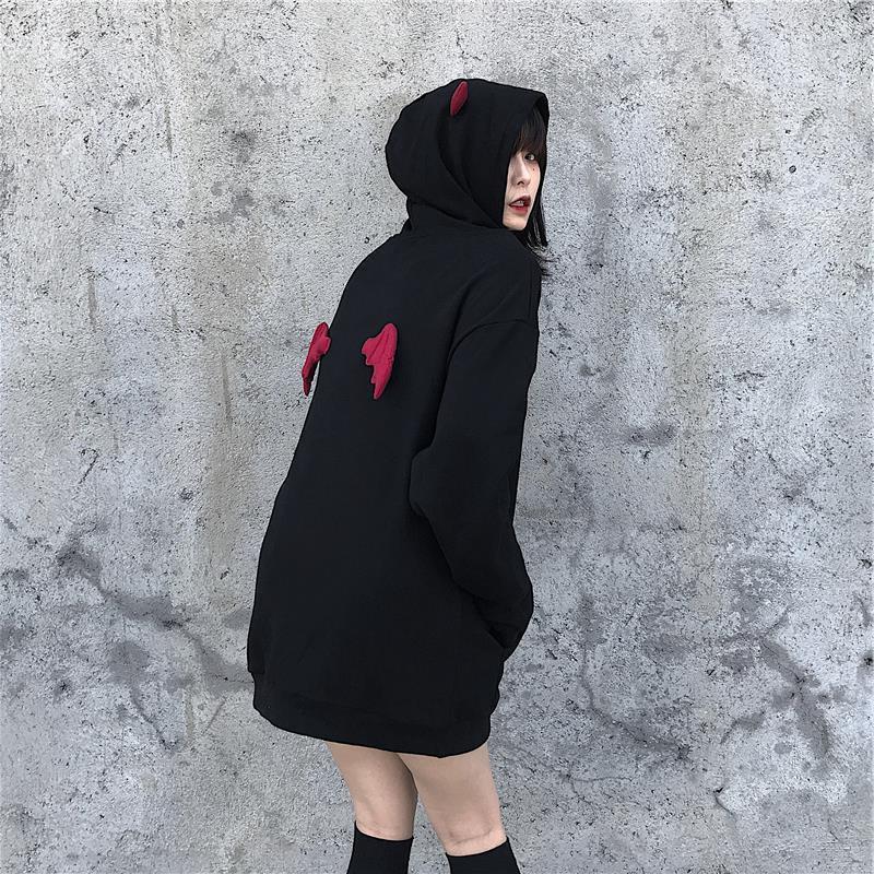 Dark Little Devil Wings Letter Embroidered Velvet Hoodie