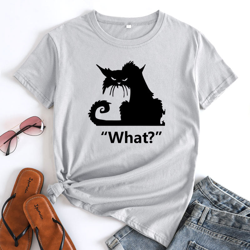 Casual What Cat Print Cotton Round Neck T-shirt