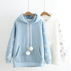 Japanese Style Snowflake Print Drawstring Warm Hoodie