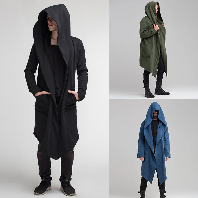 Men's Solid Color Fleece Cardigan Hooded Long Coat