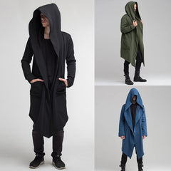 Men's Solid Color Fleece Cardigan Hooded Long Coat