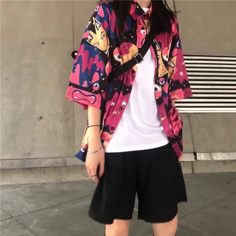 Versatile Retro Summer Cat Printed Flip Collar Shirt