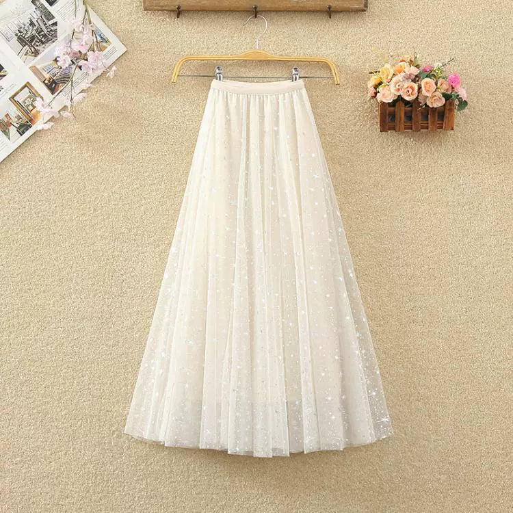 Women's Starry Sky High Waist Slim A-line Mid length Skirt