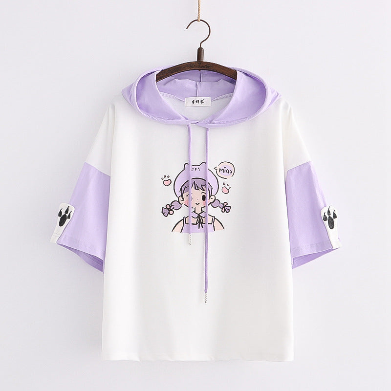 Cute Cartoon Girl Printed Color Block Hooded T-shirt