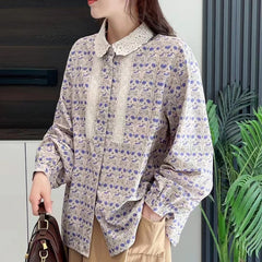 Japanese Mori Crochet Lapel Floral Long Sleeve Loose Shirt