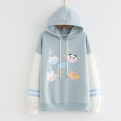 Kawaii Women's Cartoon Planet Animals Color Block Hoodie