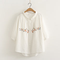 Japanese Style Flower Embroidery Lapel Short Sleeved Shirt