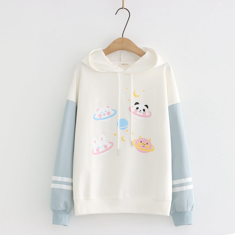 Kawaii Women's Cartoon Planet Animals Color Block Hoodie