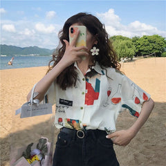 Versatile Retro Summer Cat Printed Flip Collar Shirt