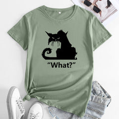 Casual What Cat Print Cotton Round Neck T-shirt