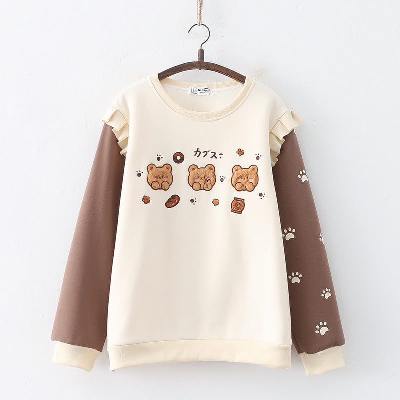 Japanese Mori Cartoon Bears Embroidery Velvet Round Neck Sweatshirt