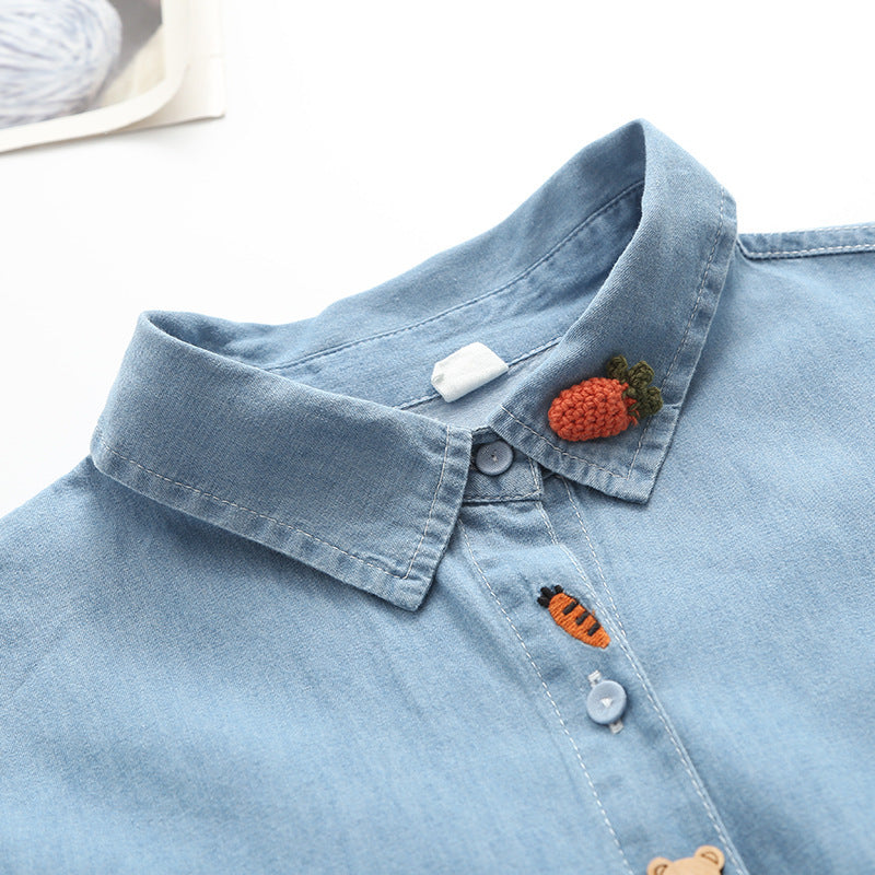 Japanese Style Carrot Embroidery Lapel Denim Shirt