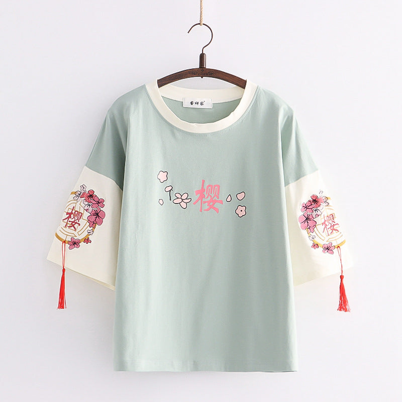 Japanese Style Cherry blossoms Embroidered T-shirt