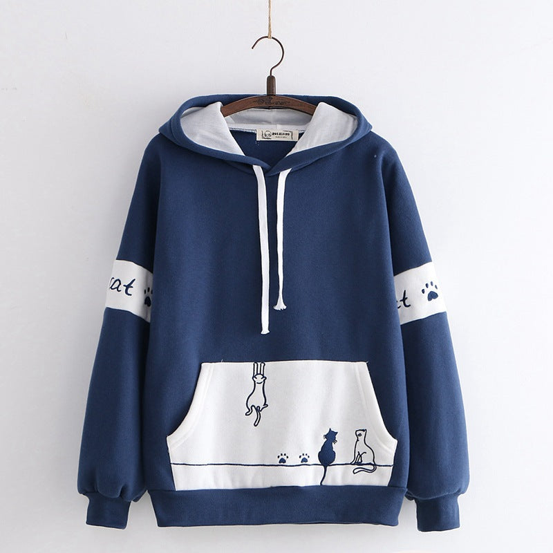 Kawaii Girls Pocket Cat Embroidery Velvet Hoodie