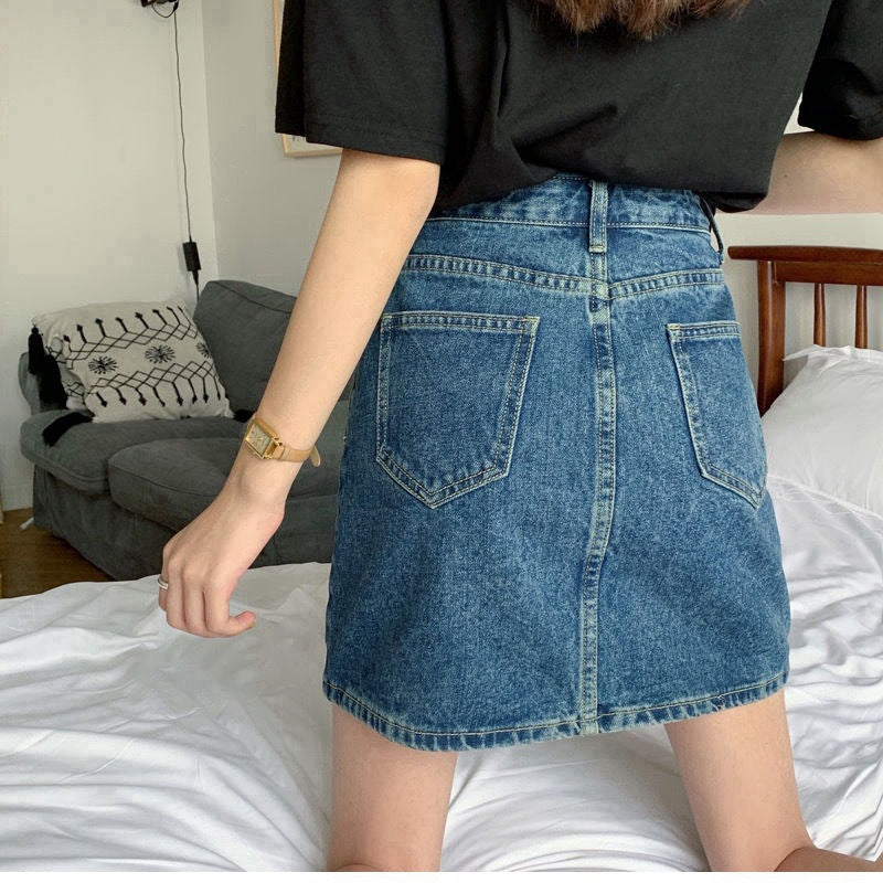 Retro Style High Waisted Blue Denim Short Skirt