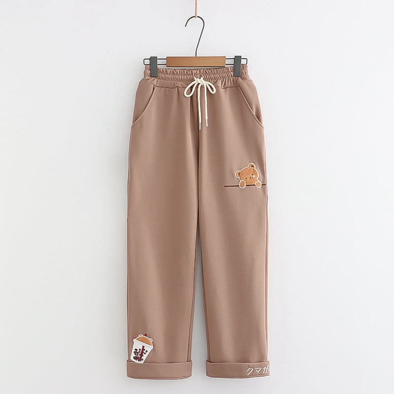 Kawaii Cartoon Milk Tea Bear Embroidered Leisure Pants