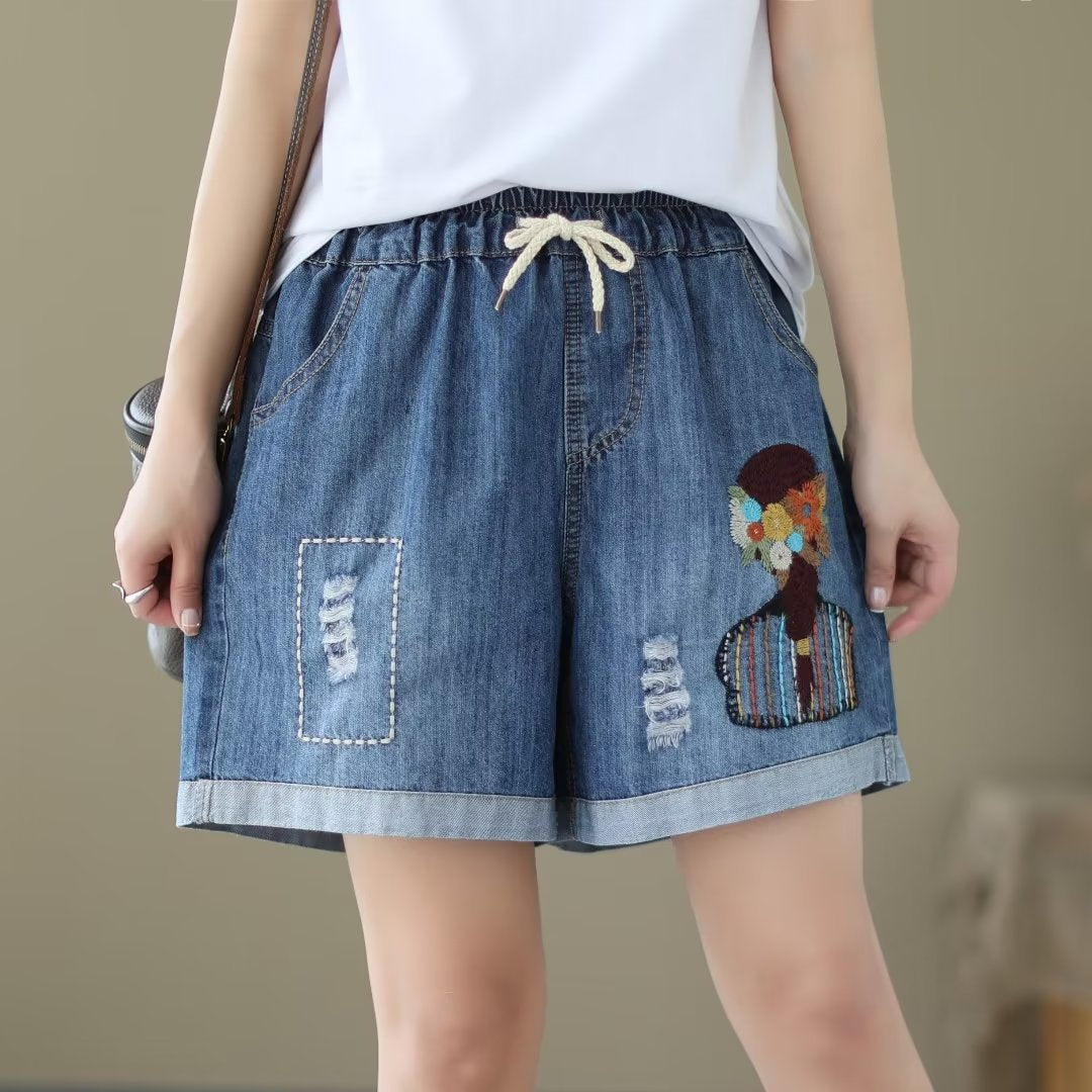 Retro Style Loose Floral Embroidered Denim Shorts