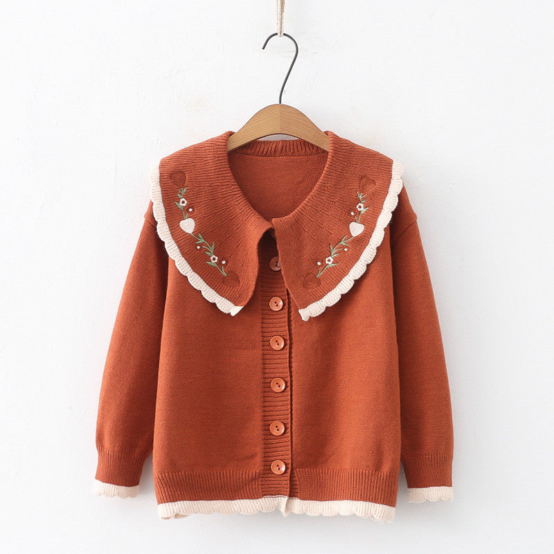 Women's Doll Collar Floral Embroidery Cardigan Sweater