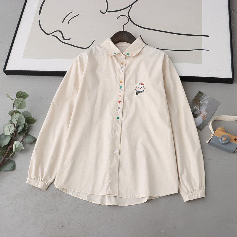 Cartoon Cat Embroidered Lapel Women's Shirt