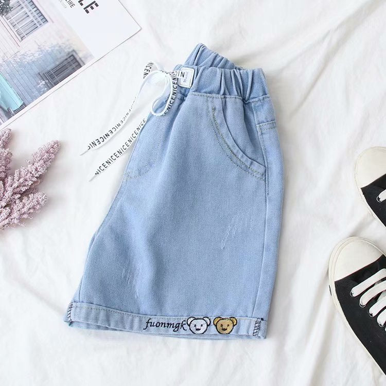 Versatile Korean Style Bear Embroidery Hot Denim Shorts