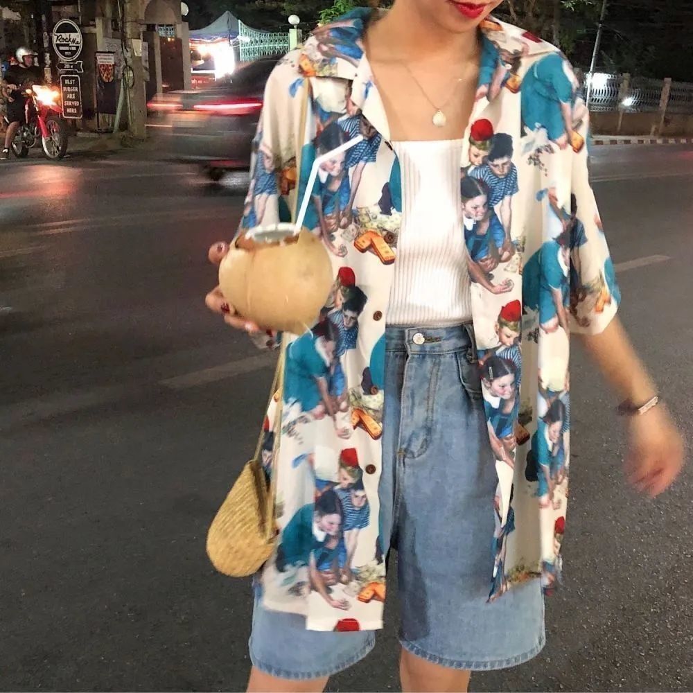 Versatile Retro Summer Cat Printed Flip Collar Shirt