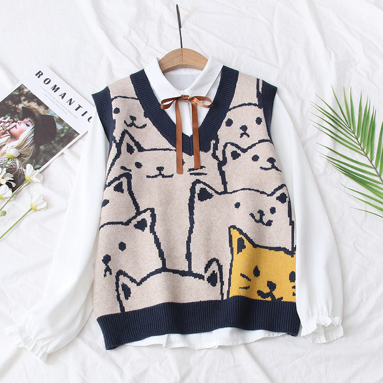 Women's Cartoon Cat Knitted Vest Shirt Two Piece Set