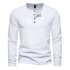 Plain Color Men's Four Button Henry Neck Long sleeve T-shirt