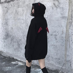 Dark Little Devil Wings Letter Embroidered Velvet Hoodie