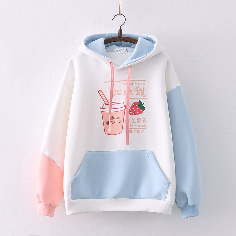 Women's Strawberry Drink Printed Color Block Hoodie