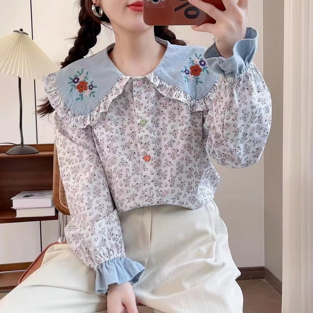 Flower Embroidered Doll Collar Brushed Blouse