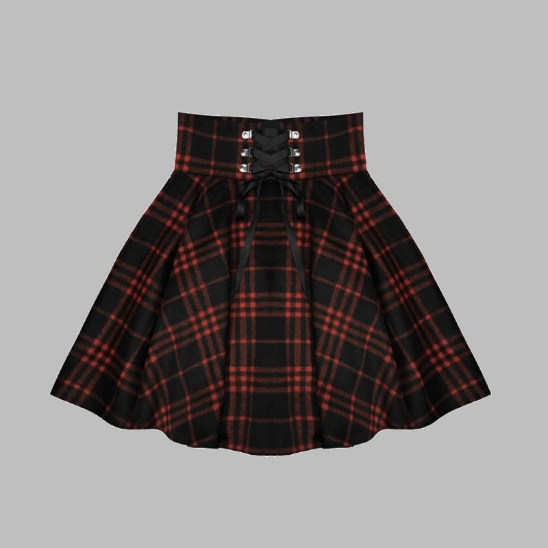 Girls' Red Plaid Woolen High Waist Fluffy Strappy Skirt