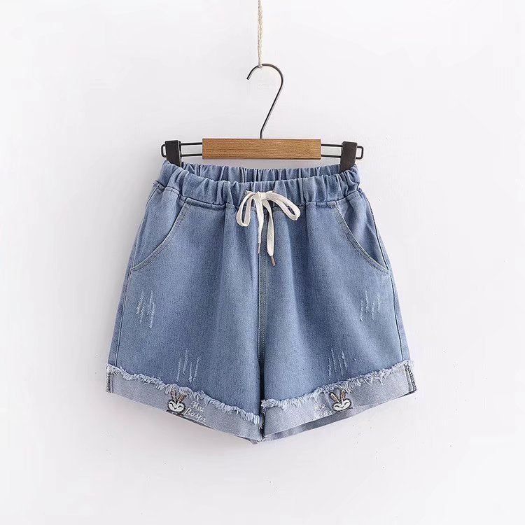 Versatile Korean Style Bear Embroidery Hot Denim Shorts