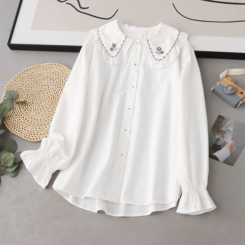 Women's Floral Sunflower Embroidered Doll Collar Shirt