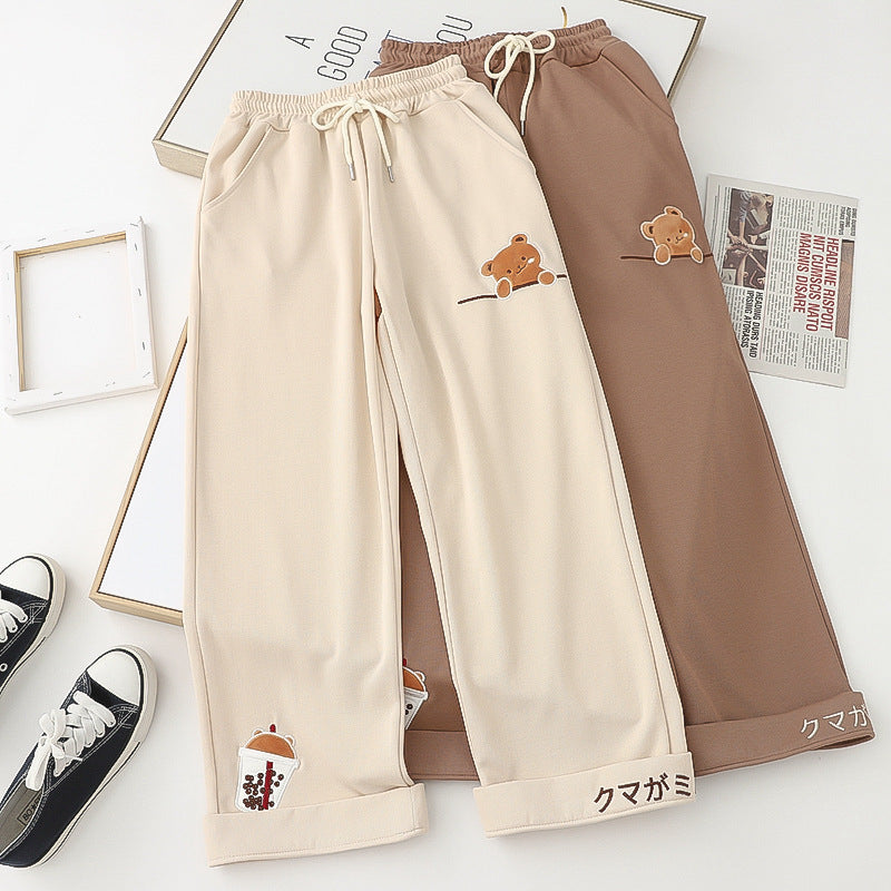 Kawaii Cartoon Milk Tea Bear Embroidered Leisure Pants