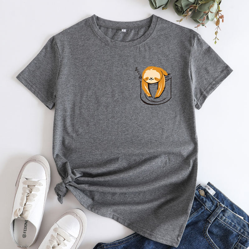 Women's Summer Loose Pocket Sloth T-shirt