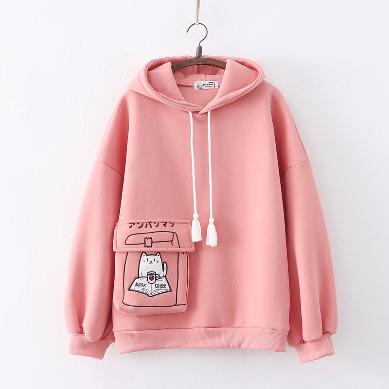 Cartoon Pocket Animal Embroidered Plush Hoodie