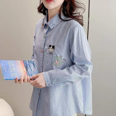 Versatile Cat Embroidered Long Sleeve Striped Shirt