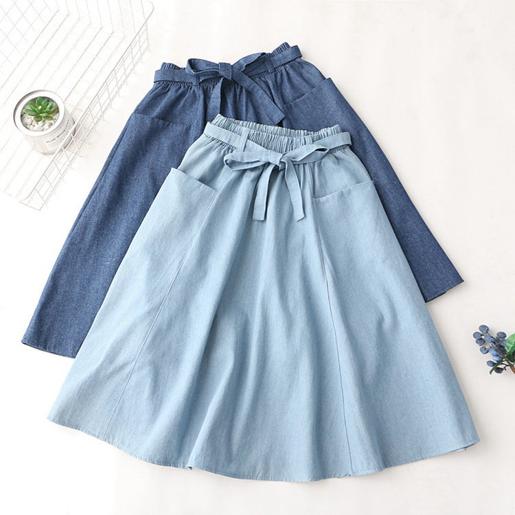 Summer Sweet Girls Denim Elastic Waist Mid Skirt