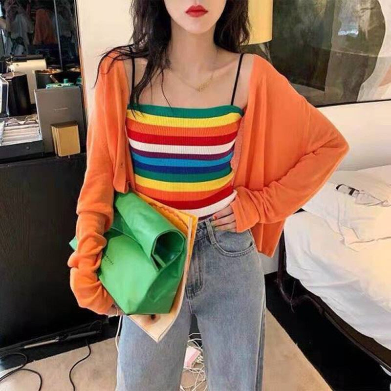 Hot Girls Rainbow Knitted Vest Sleeveless Inner Wear